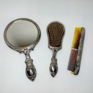 Vintage Antique Silver Plated Ornate Vanity Set-Hand Mirror ~9”, Comb, Brush